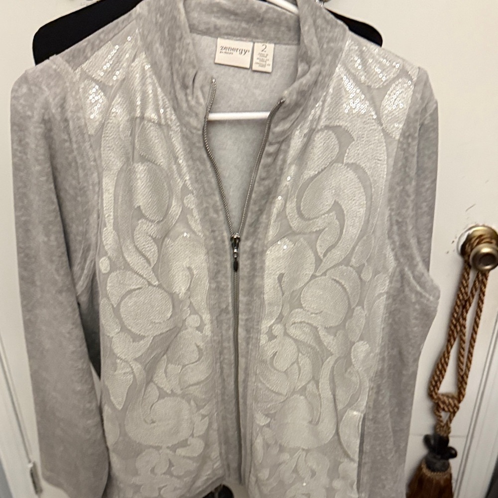 Zennergy Light Gray Embellished Zip-Front Bomber Jacket